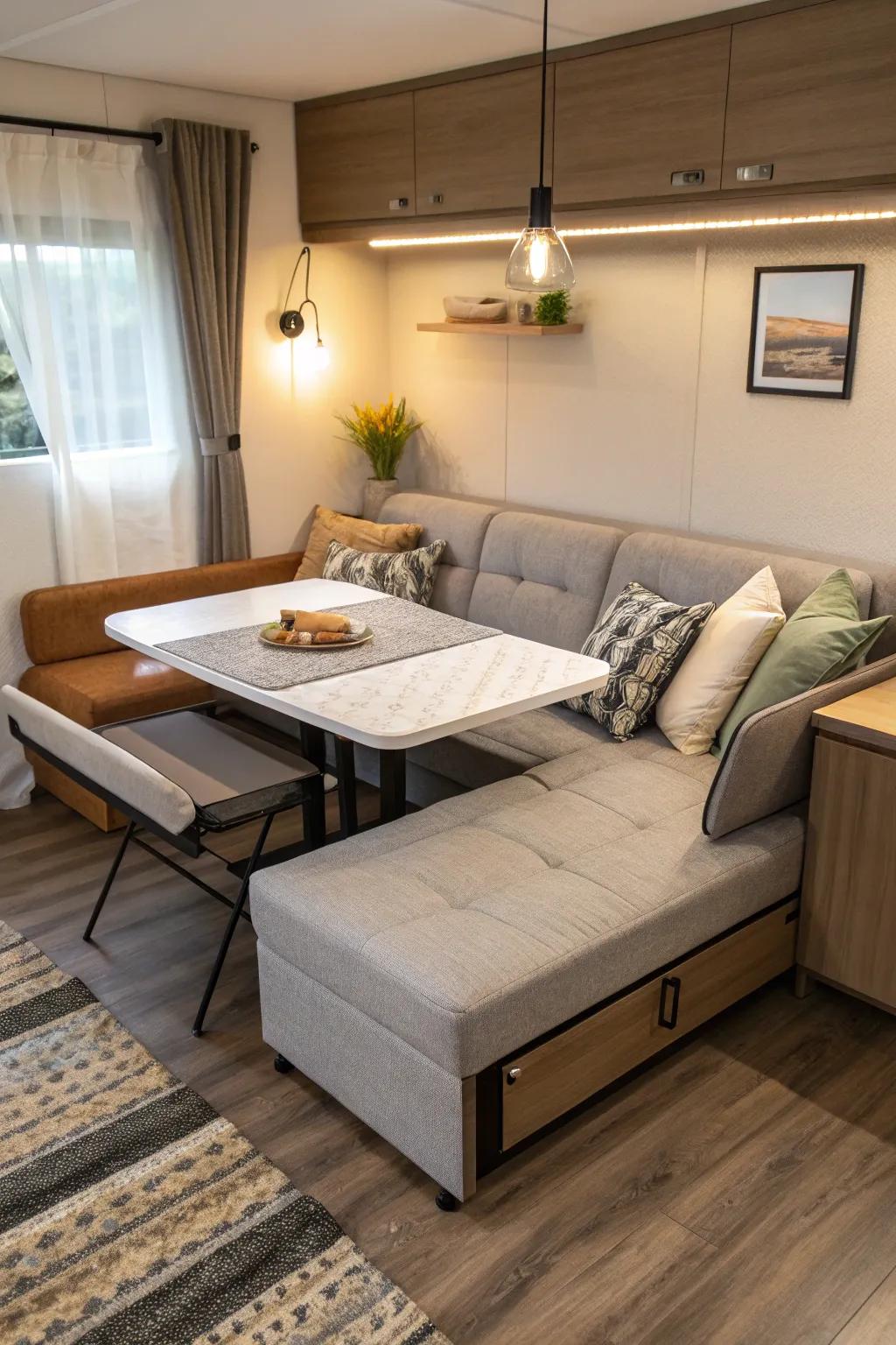 Versatile furnishings maximize utility in compact ADU spaces.