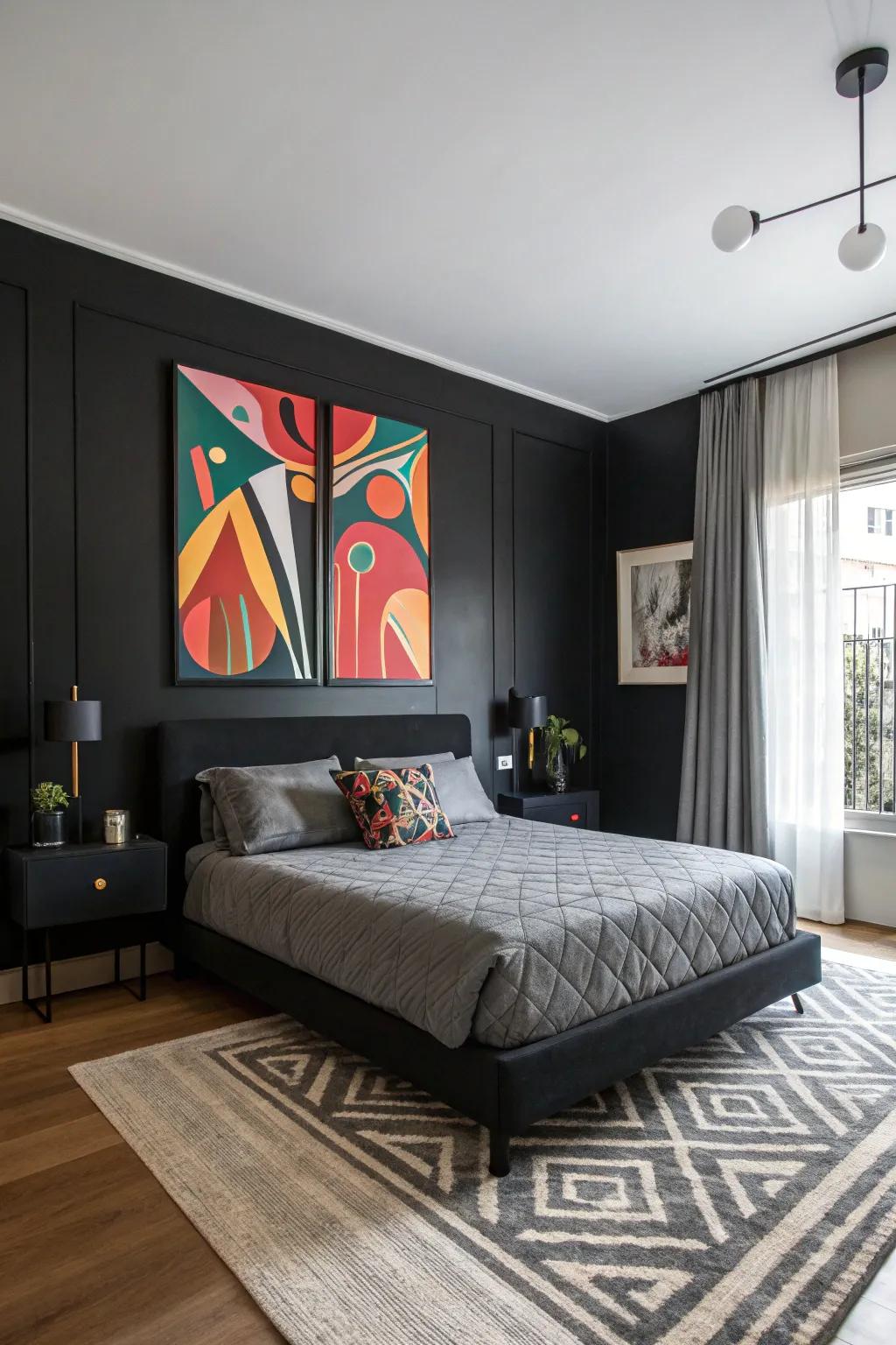 A black bedroom featuring abstract wall art as a point of emphasis.