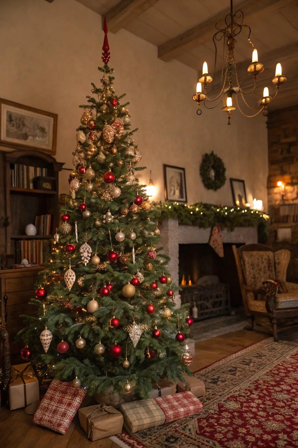 A nostalgic Christmas tree adorned with antique ornaments from the past.