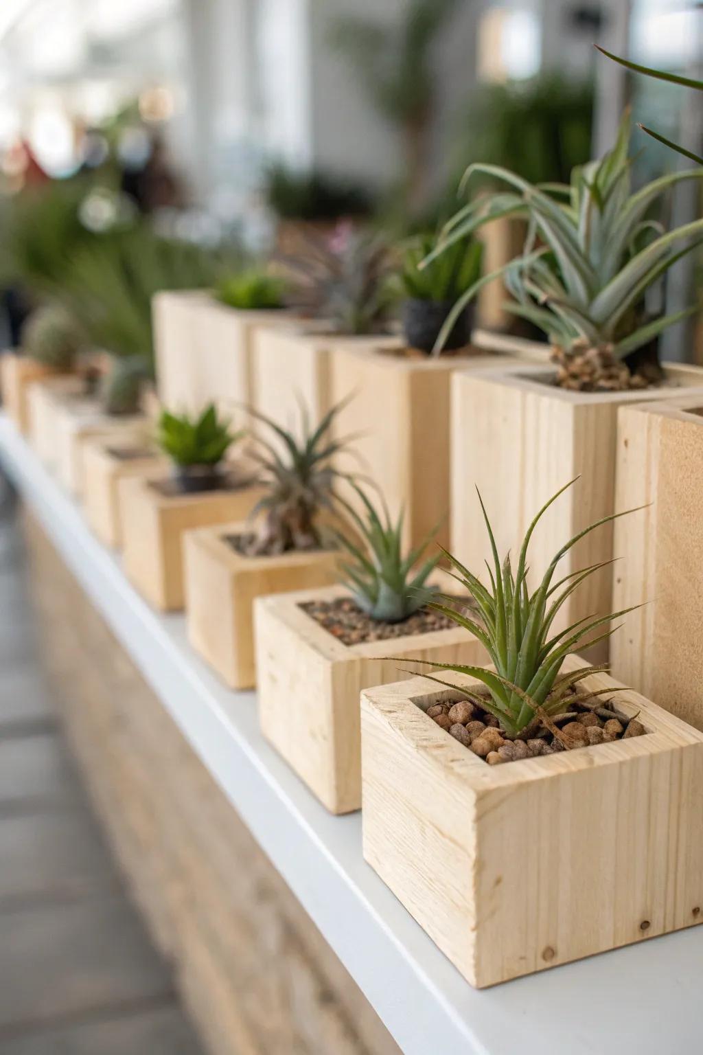 Wood stands give a simple aesthetic for air plants.