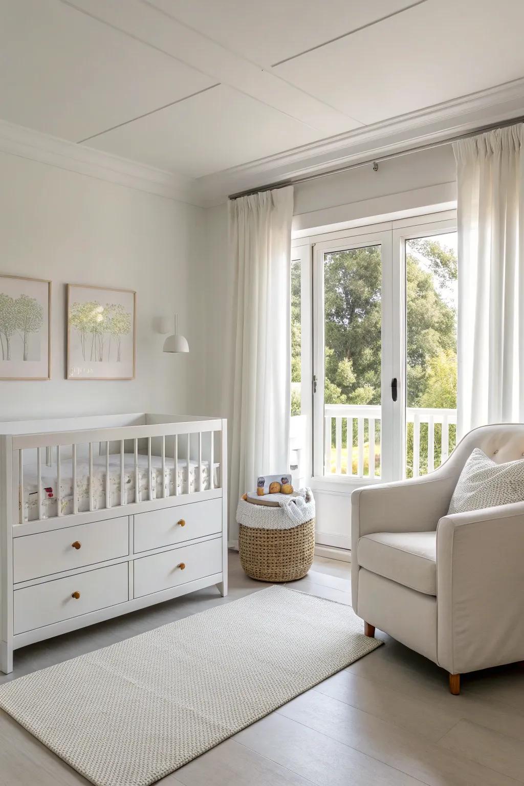 Understated furnishings enhance the peaceful ambiance of a white nursery.
