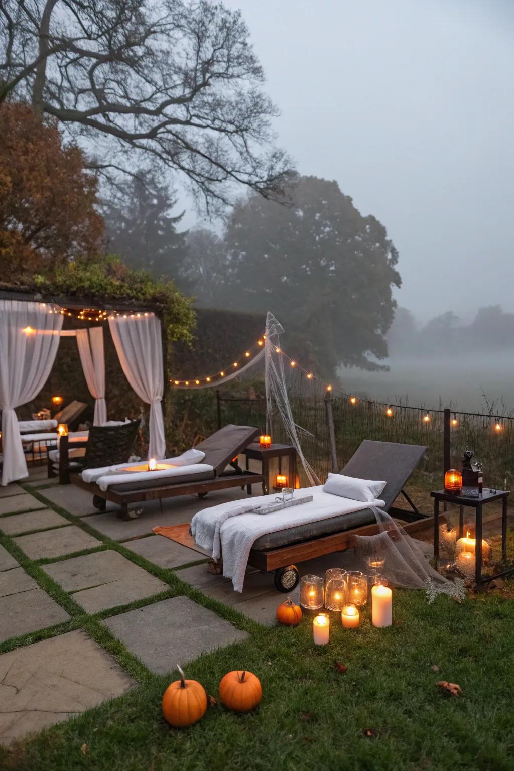 An outdoor spa setup for a soothing Halloween evening.