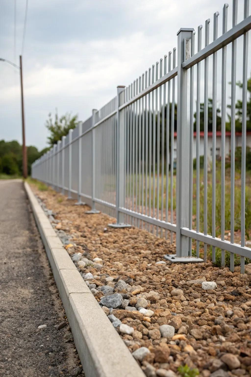 Rock beds amplify the elegance of an aluminum fence.