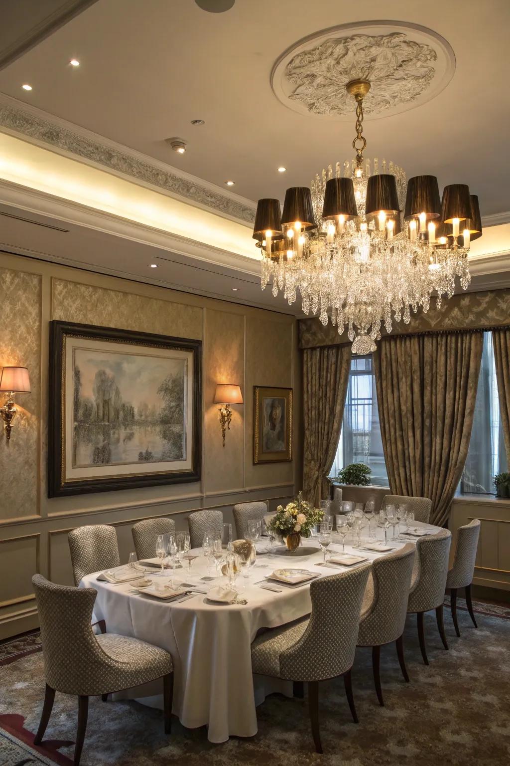 An exquisite hanging light serves as a focal point in a colonial dining area.