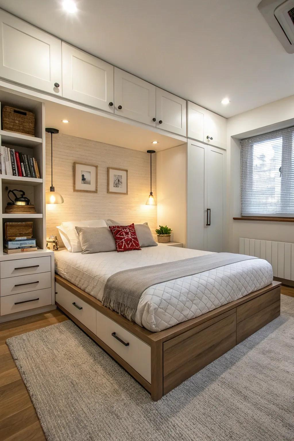 A functional apartment bedroom featuring a platform bed that offers integrated storage.