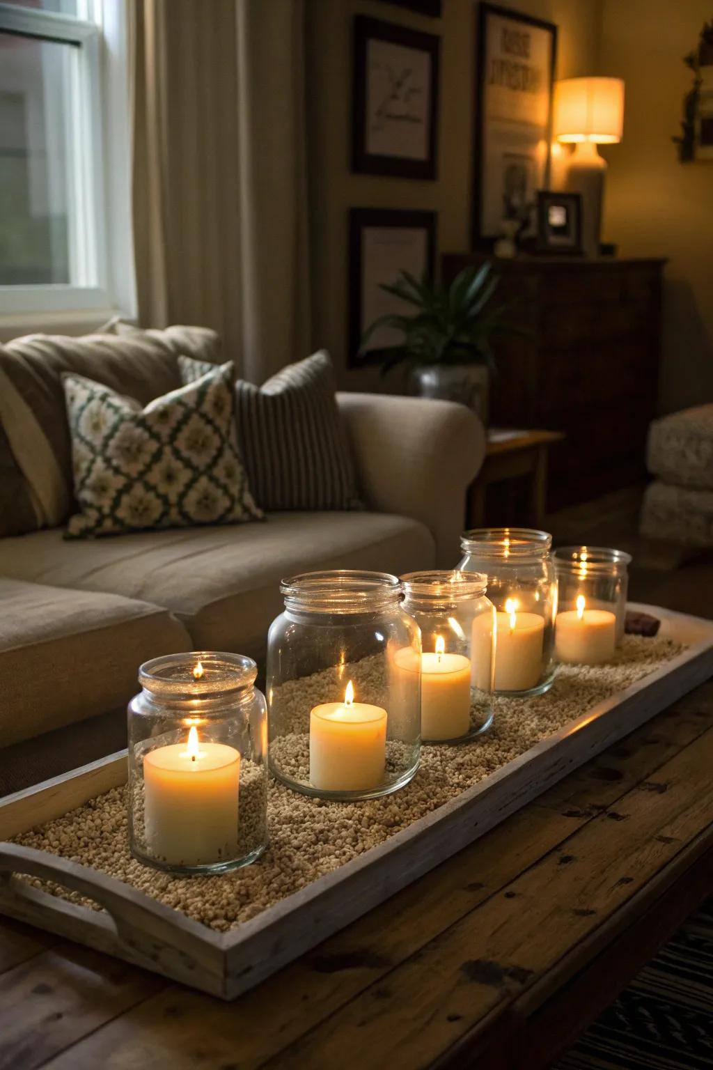 Soft candlelight in vintage-inspired glass jars creates a serene atmosphere.