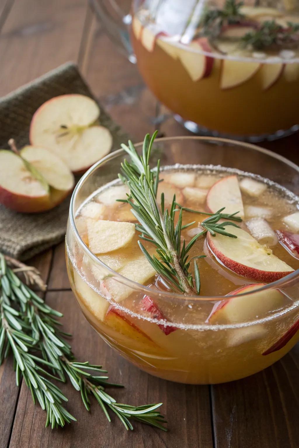 Herb-infused cider blend featuring leafy sprigs.