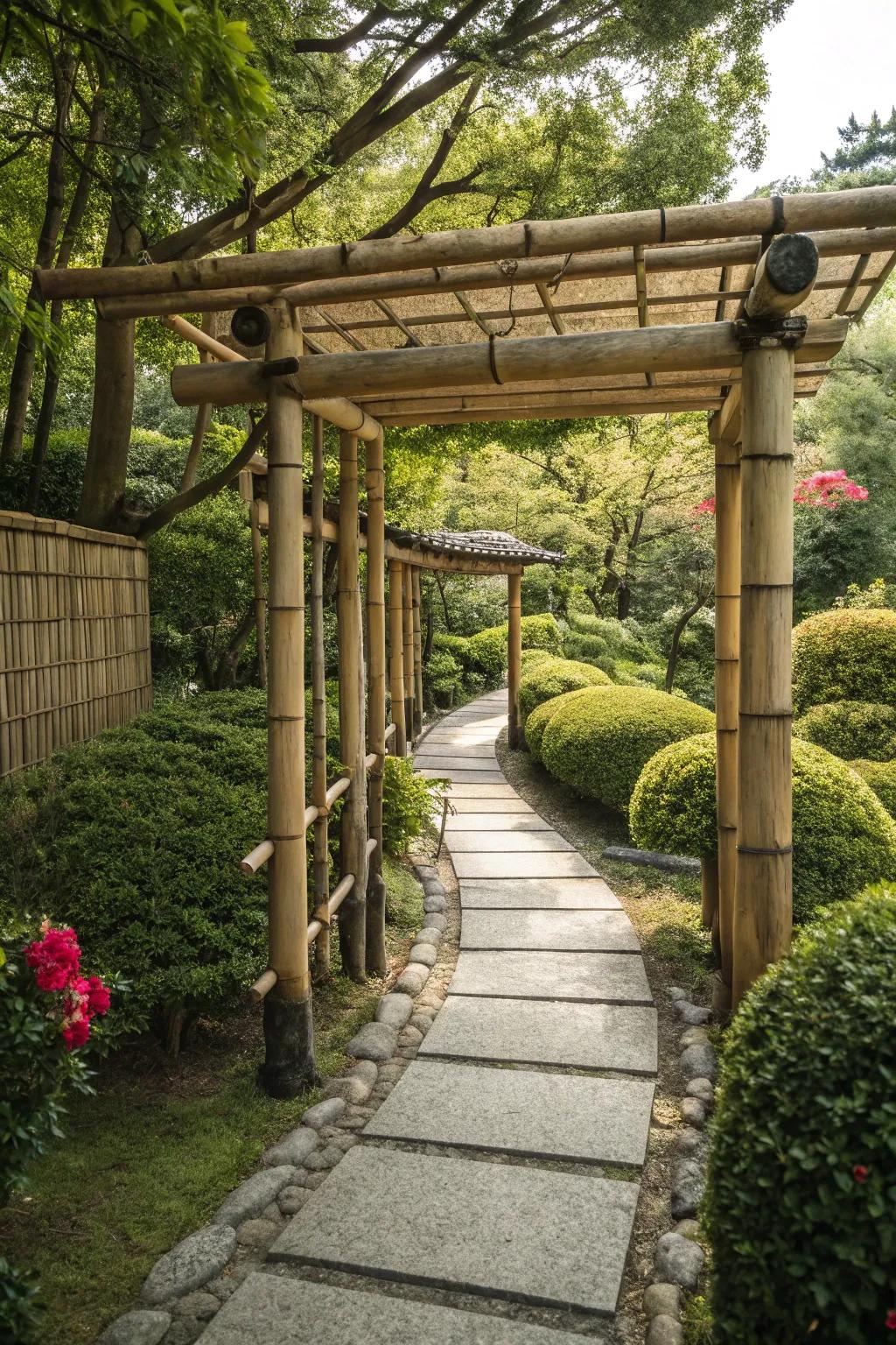 A serene Japanese-inspired archway creating a tranquil garden retreat.