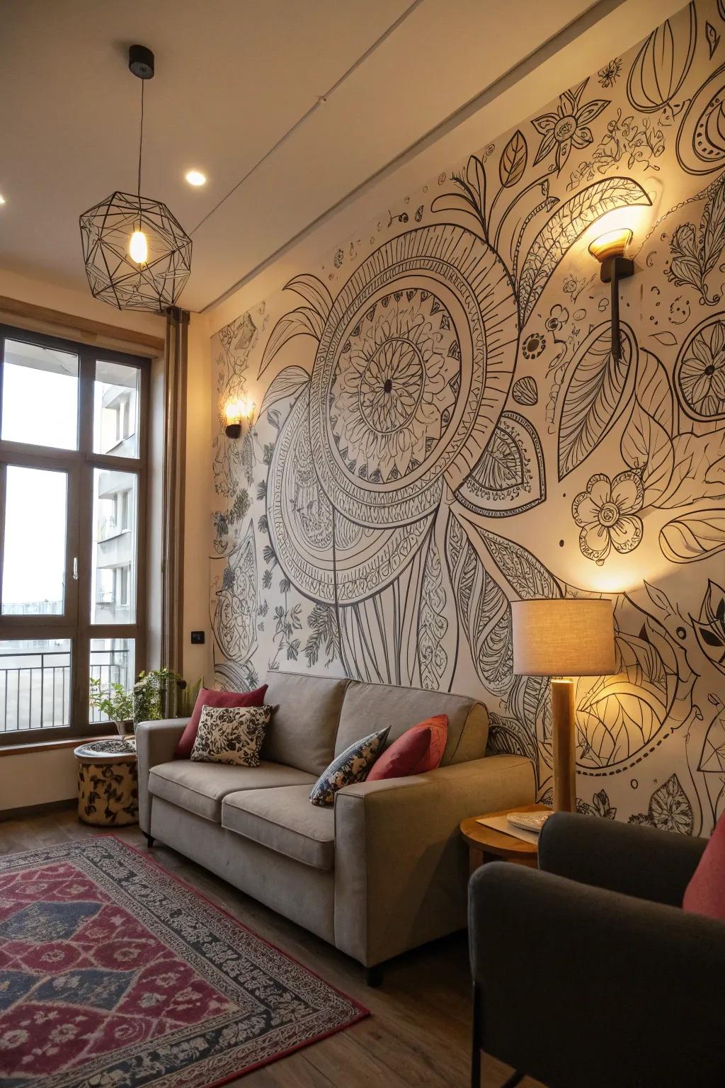 An entire wall redesigned with intricate sketch art, creating a lively and artistic atmosphere.