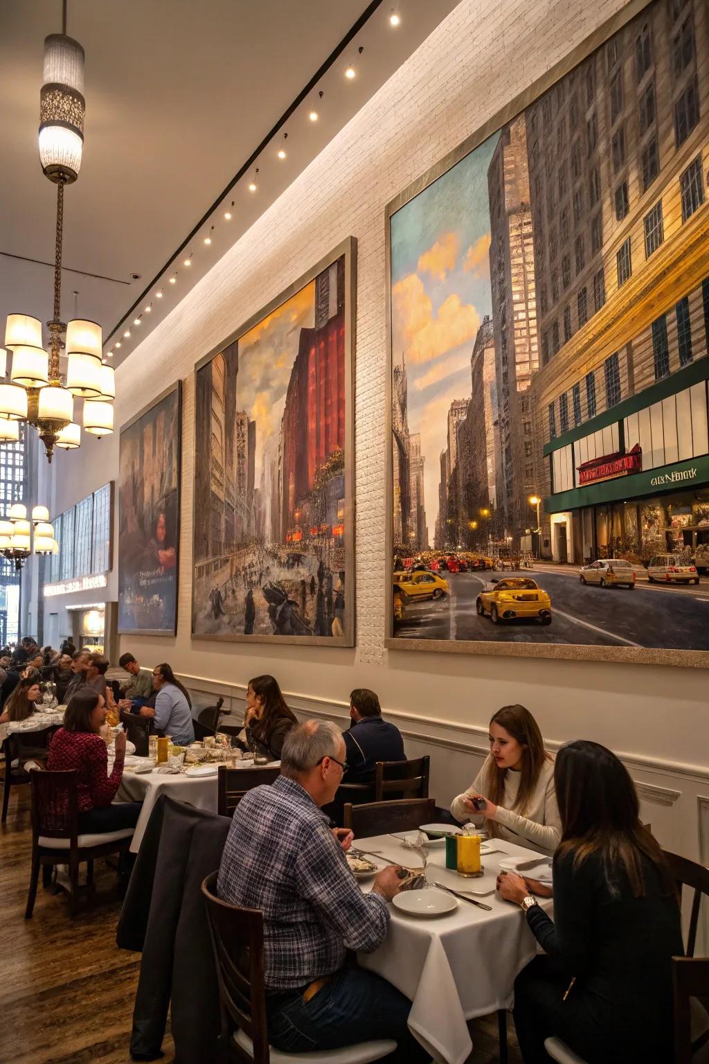 Urban-themed artwork includes a vibrant city vibe to this eating area.