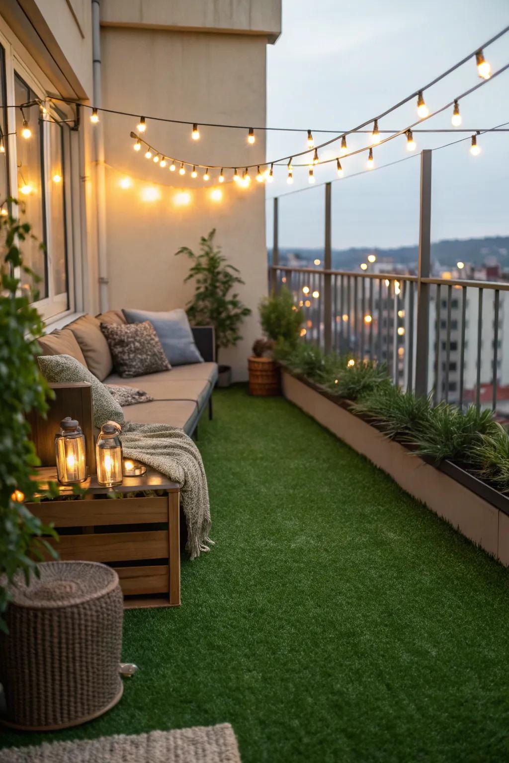 Convert your balcony into a snug getaway using simulated turf and ambient lighting.