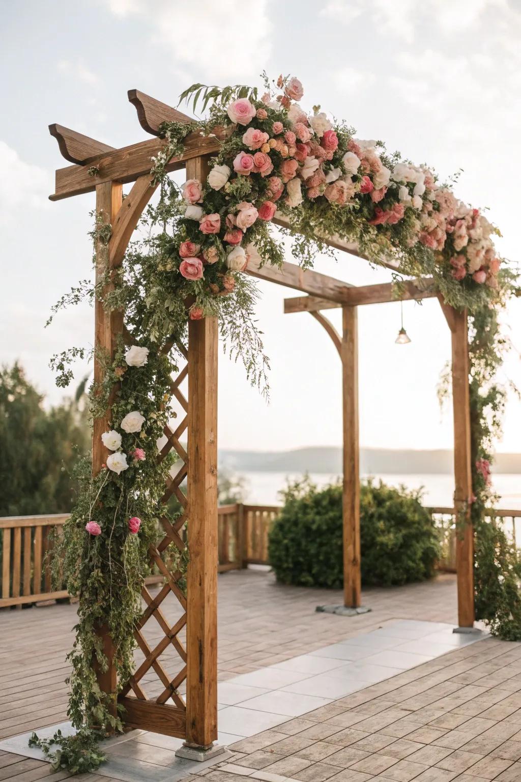 A magnificent timber archway acts as the ceremony's backdrop.