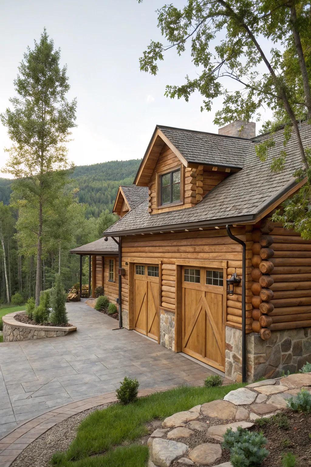 A rural timber home-style garage that complements its natural settings.