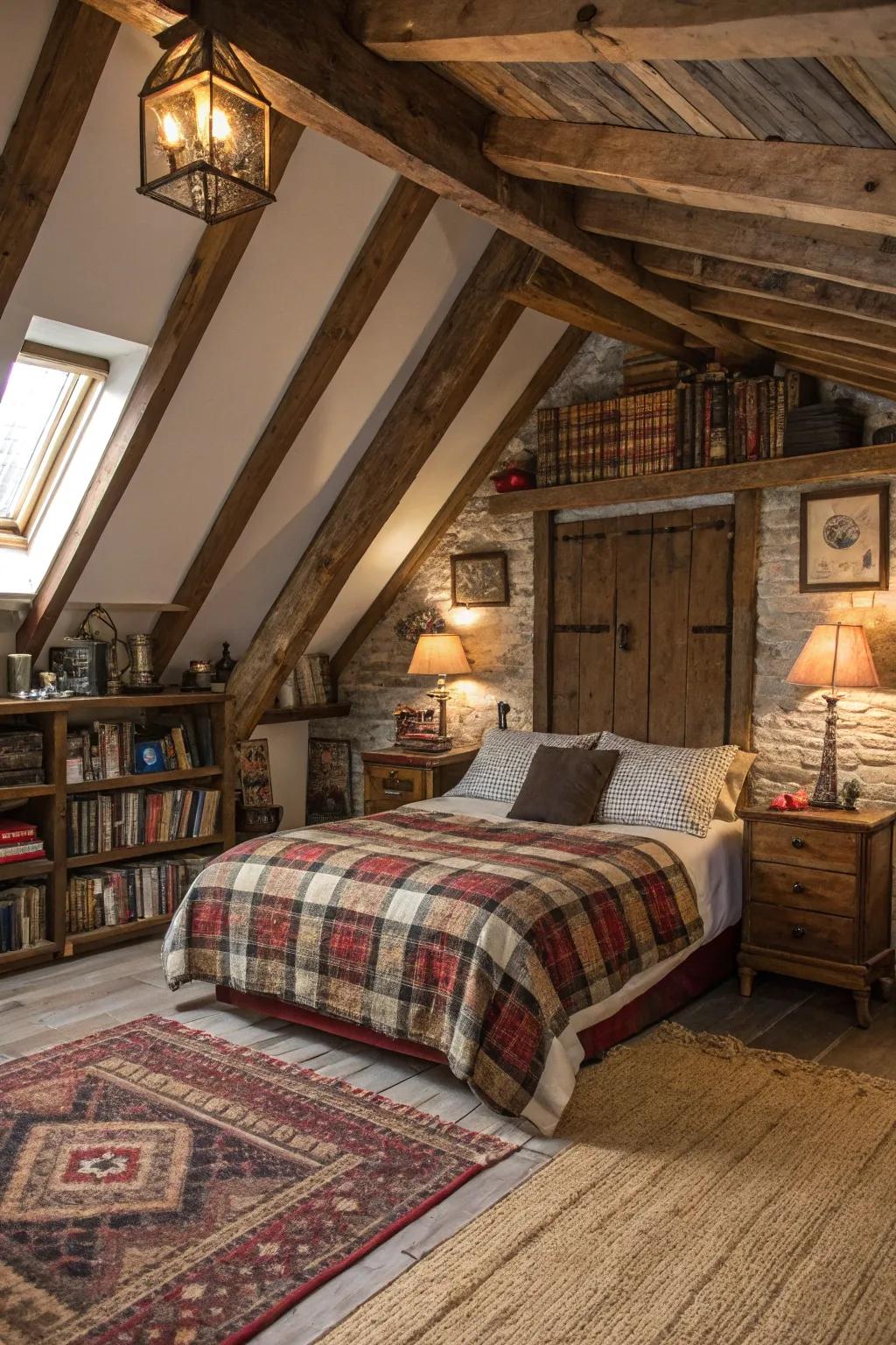 Exposed wood supports lend a countryside allure to your attic sanctuary.
