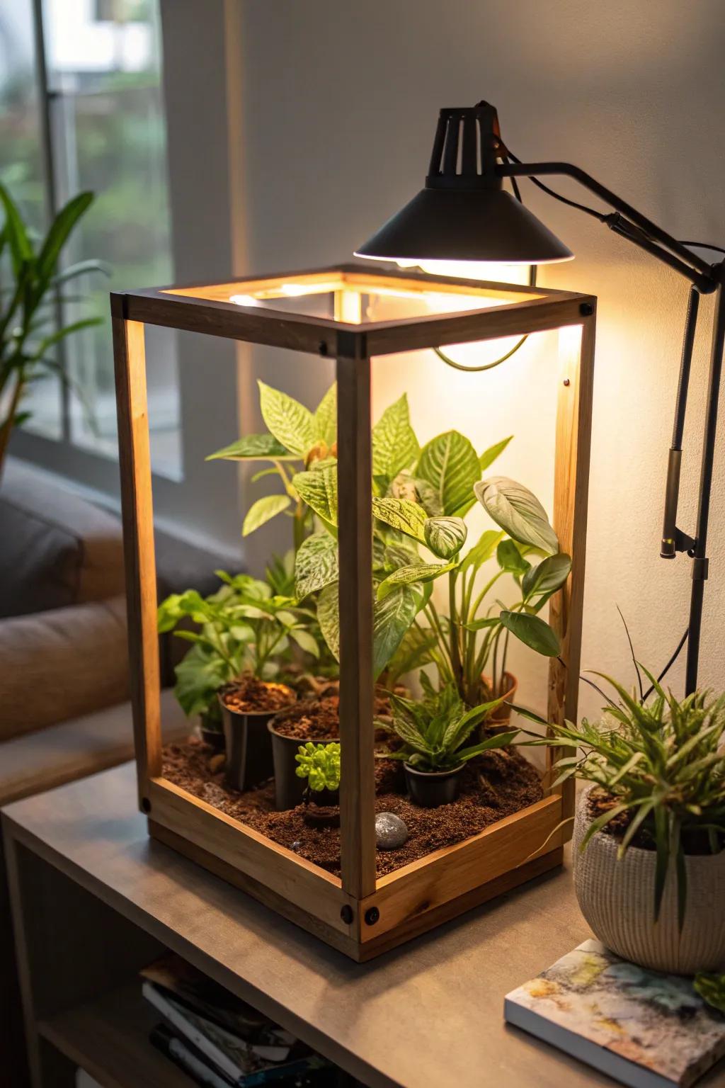 A DIY plant light fixture emitting a cozy glow over a small indoor garden.