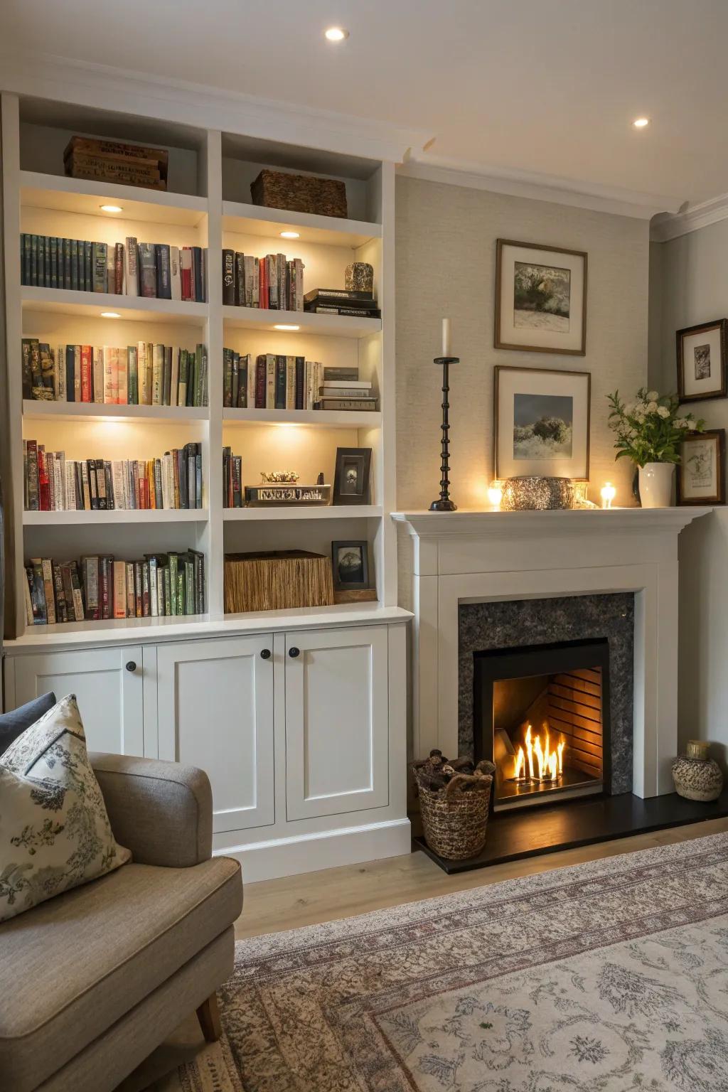 Open shelving provides chic storage options while maintaining a spacious feel.