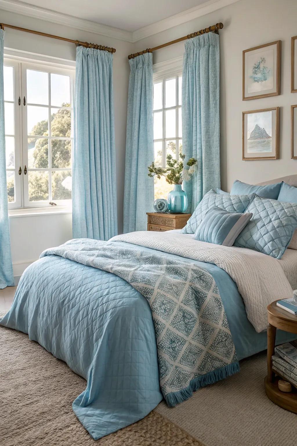 Textural layers add depth and warmth to a light sky blue-themed bedroom.