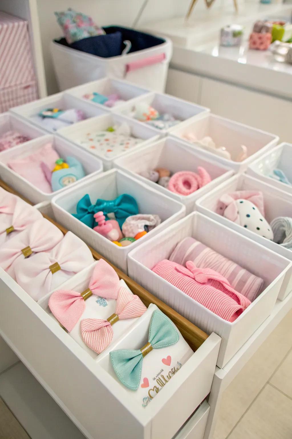 Effective storage containers for bows and infant supplies.
