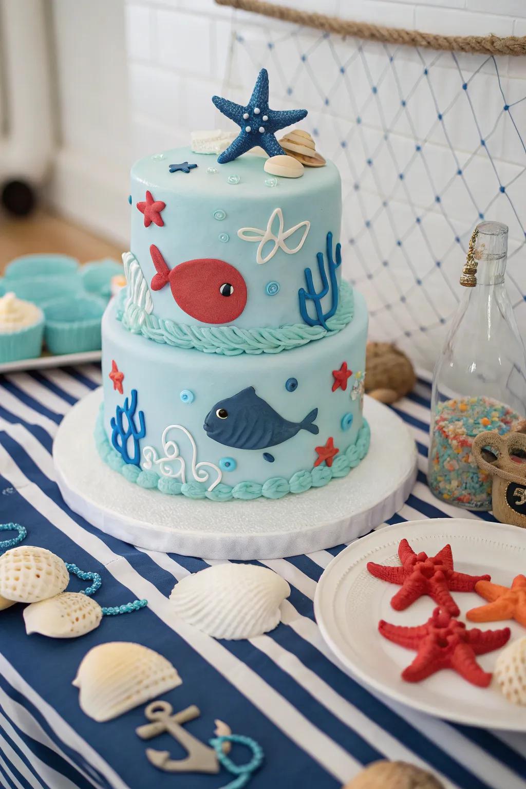 An ocean-themed cake featuring delightful sea creature decorations.