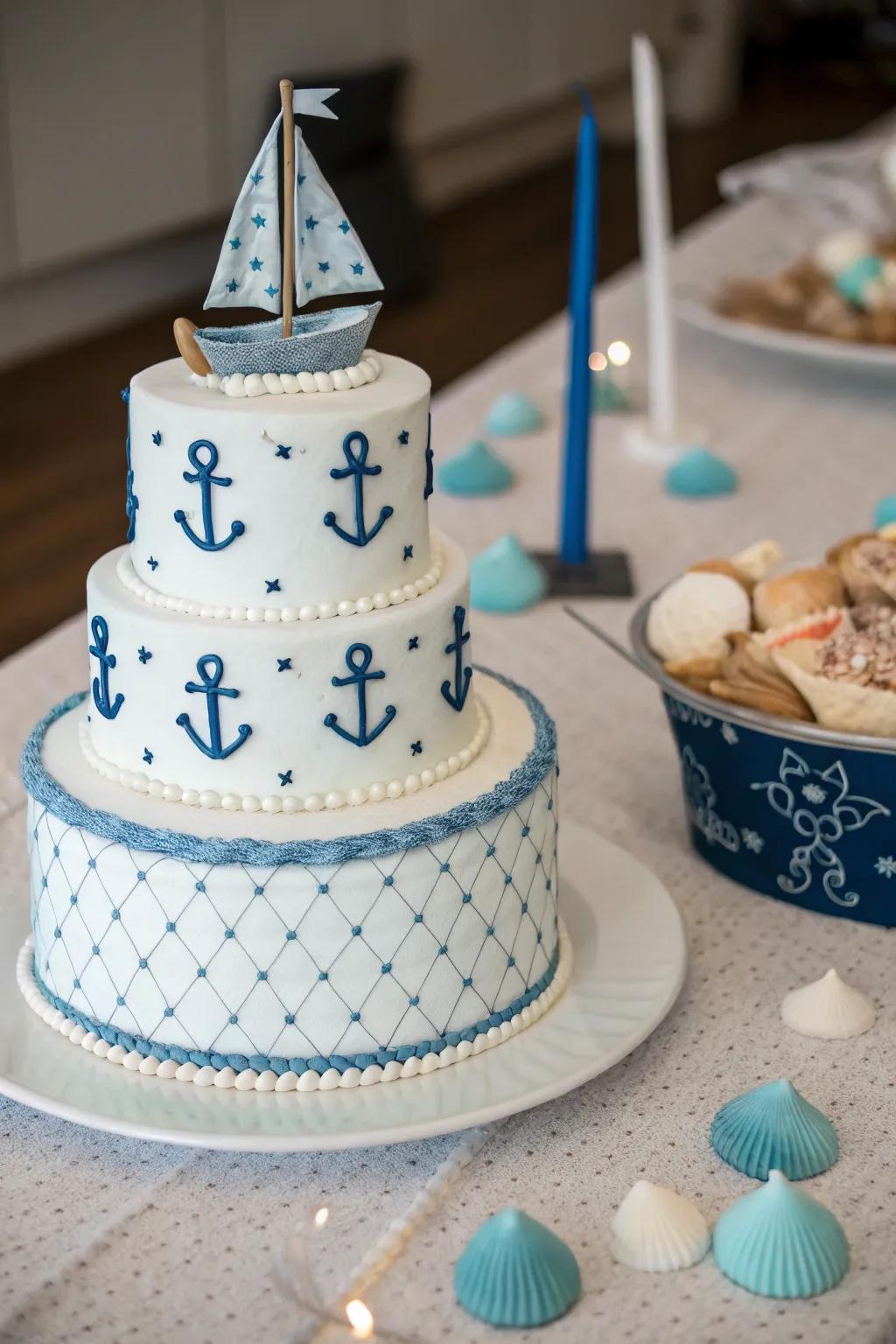 A nautical cake perfect for a baby boy celebration.