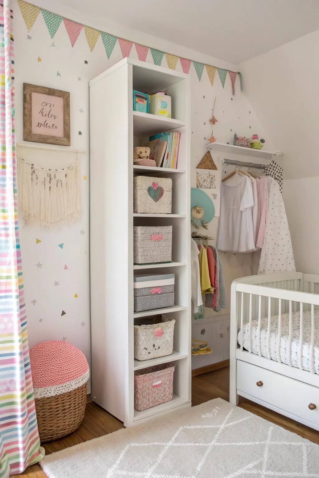 Effectively using wall space can enhance the practicality and appearance of a baby area.