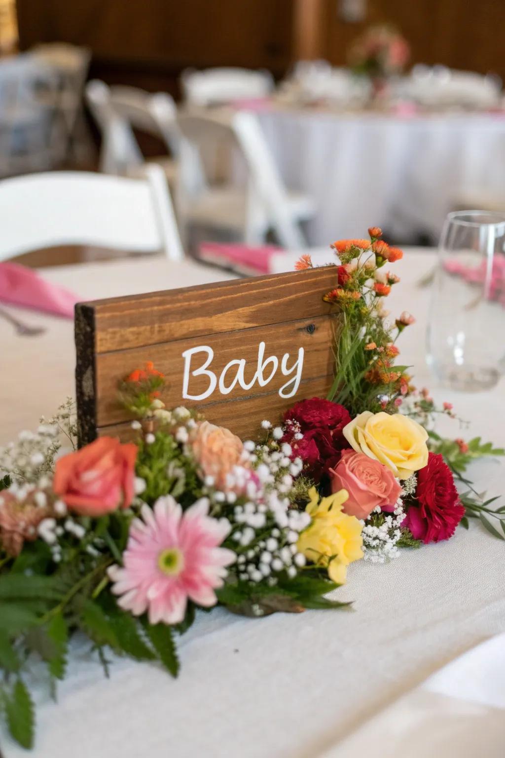 Personalized sign centerpiece, making a heartfelt statement.
