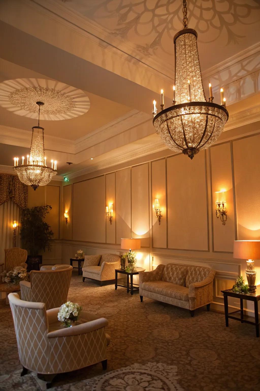 Surrounding illumination from pendant lamps casts a subtle glow across the room.