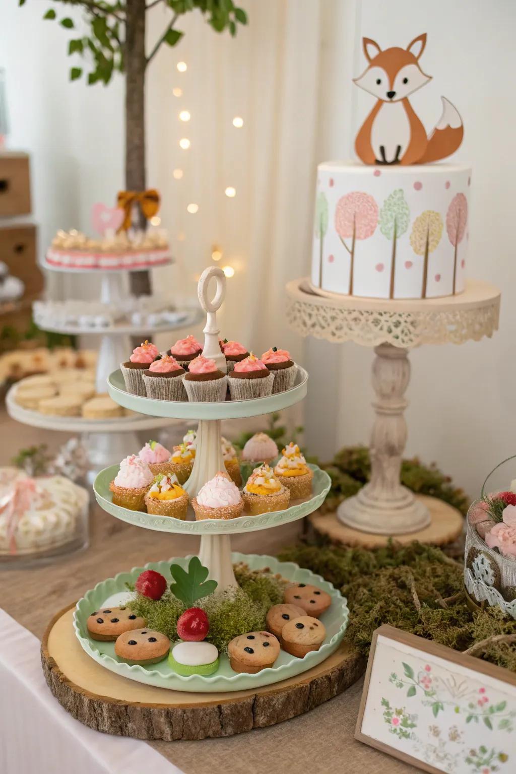 A charming sweet treats station with woodland-themed delights creates a delightful centerpiece.