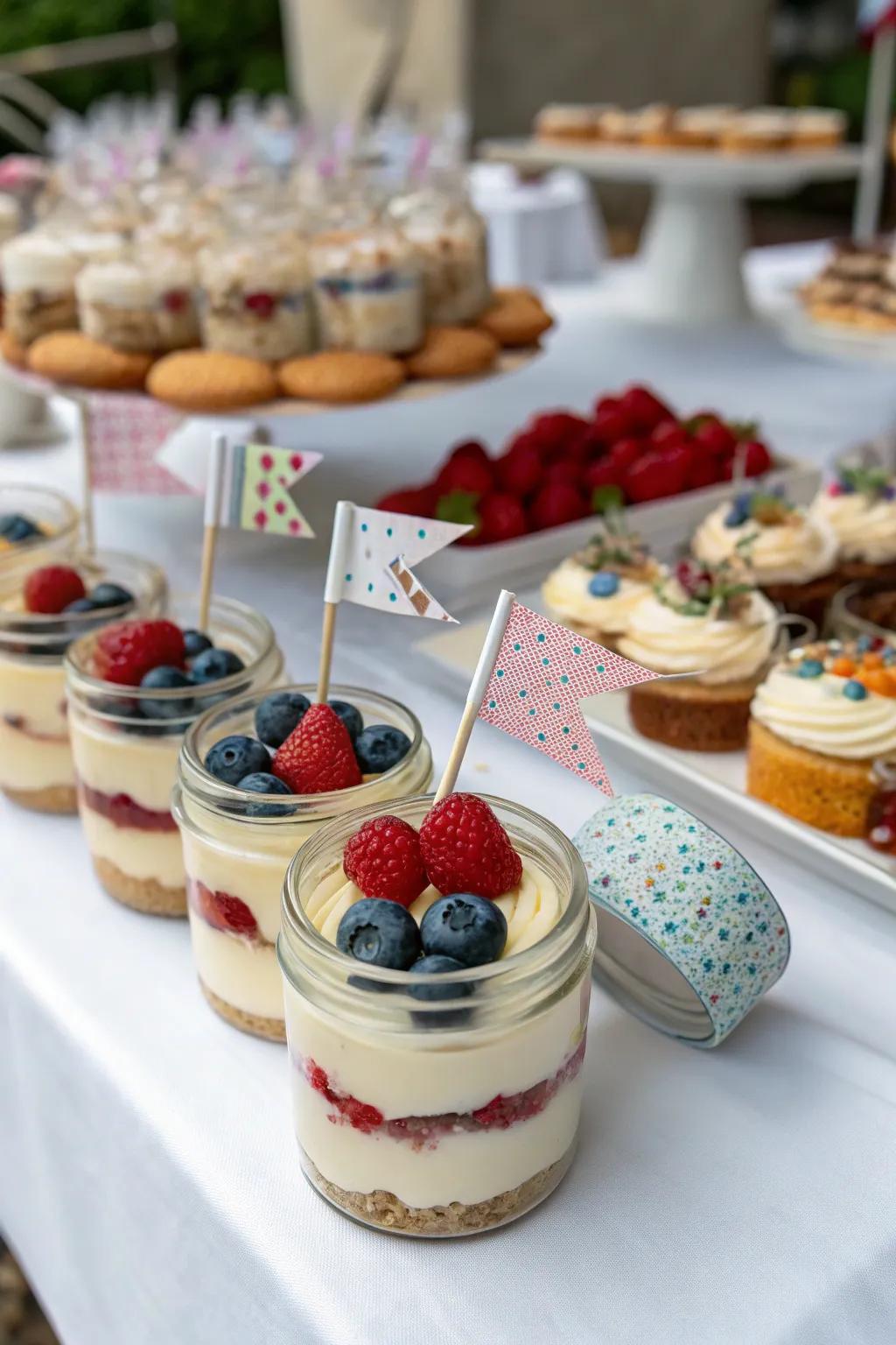 Mini cheesecakes in jars with eye-catching decorations.