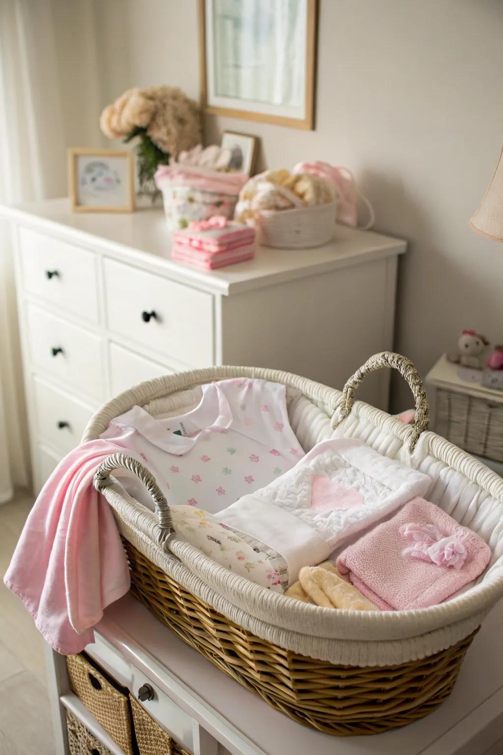 A captivating diaper cradle, overflowing with necessities for the new parents.