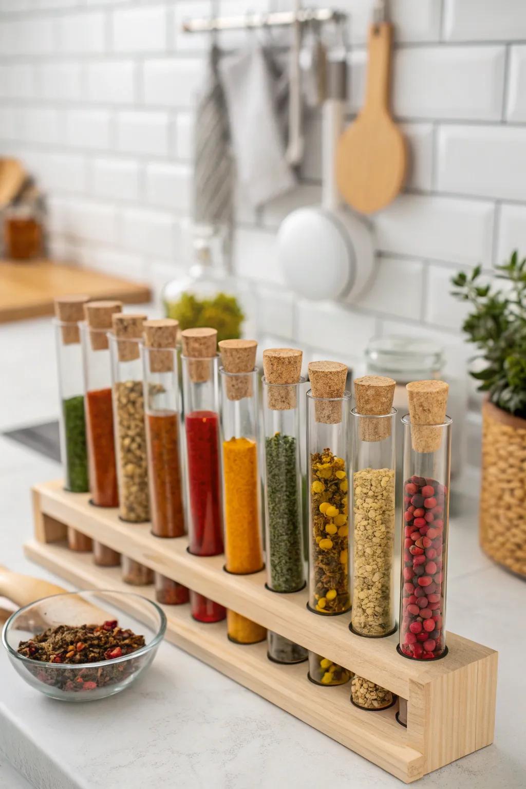 Laboratory tubes filled with seasonings or teas offer a distinctive display.