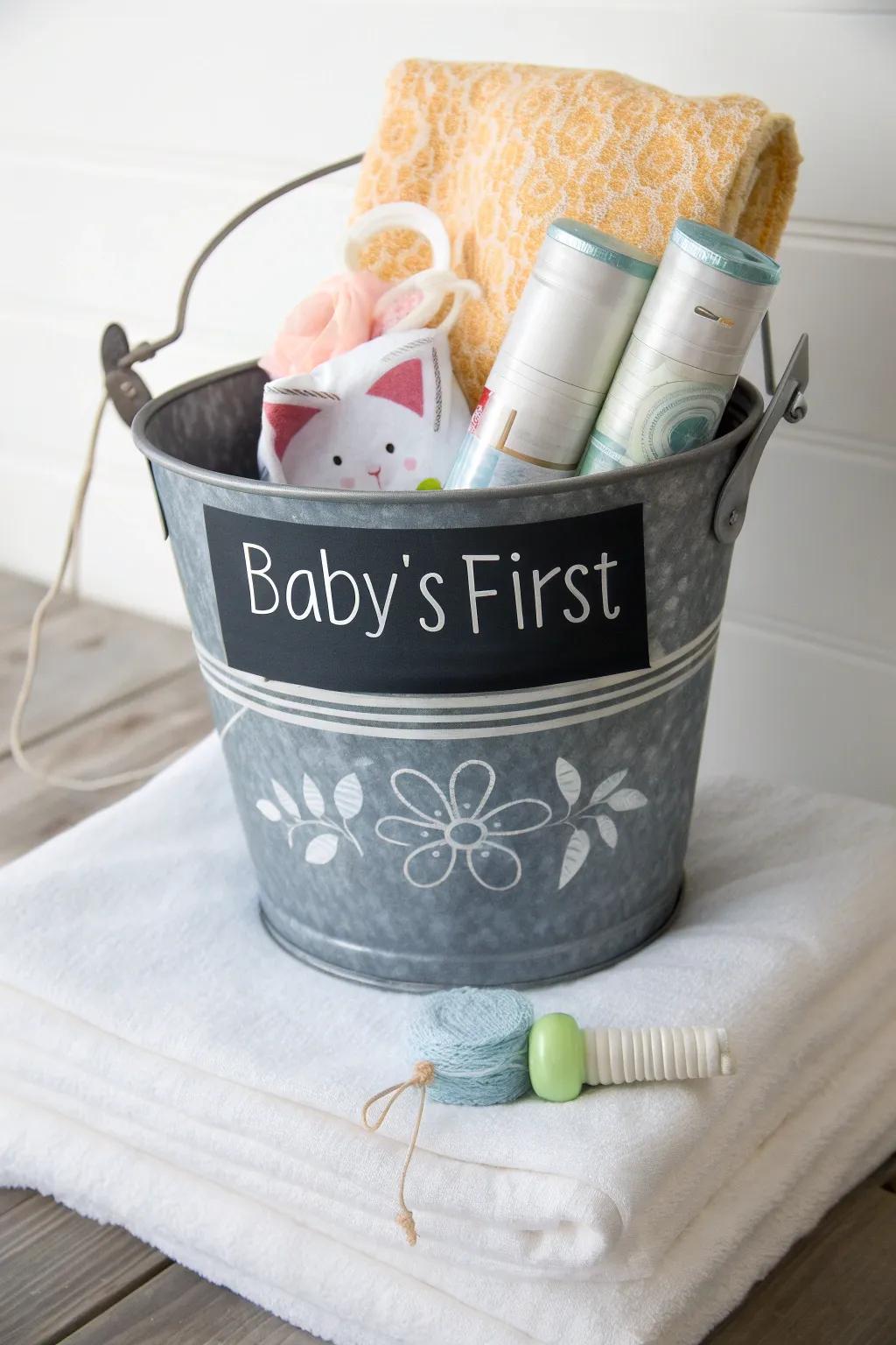 A personalized metal pail serving as a versatile and unforgettable baby shower gift.