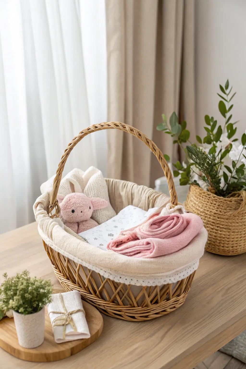 Enhance your baby shower gift with a charming basket brimming with affection and style! 🎀🧸 #BabyShower #GiftIdeas #ScandinavianStyle