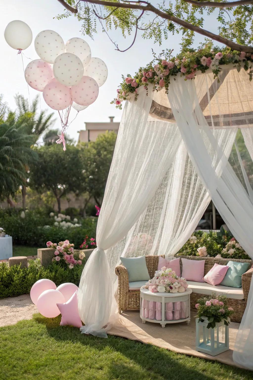 A whimsical canopy of light fabric over the seating area.