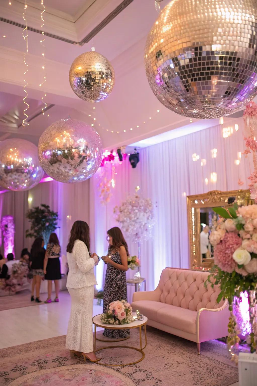 Disco balls contribute a glamorous touch to the celebrations.