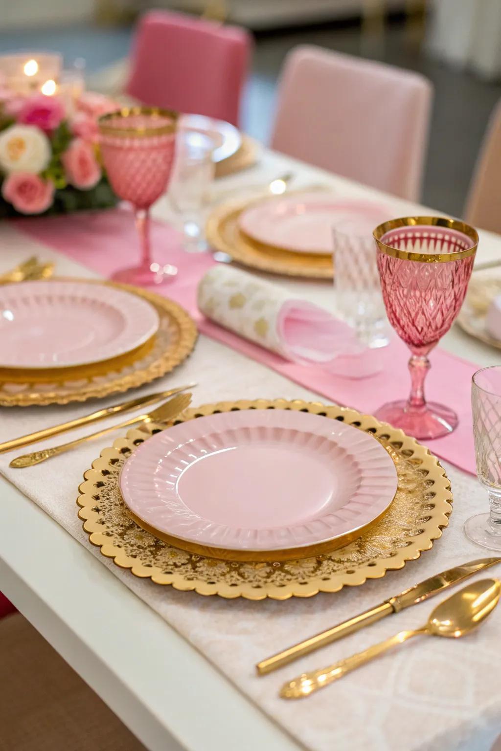 A sophisticated table setting featuring matching rose and gold tableware.