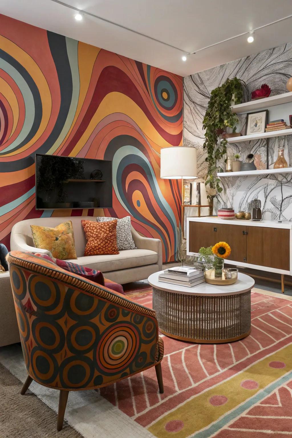 A relaxing area with an abstract backdrop and swirling hues, creating artistic decor.