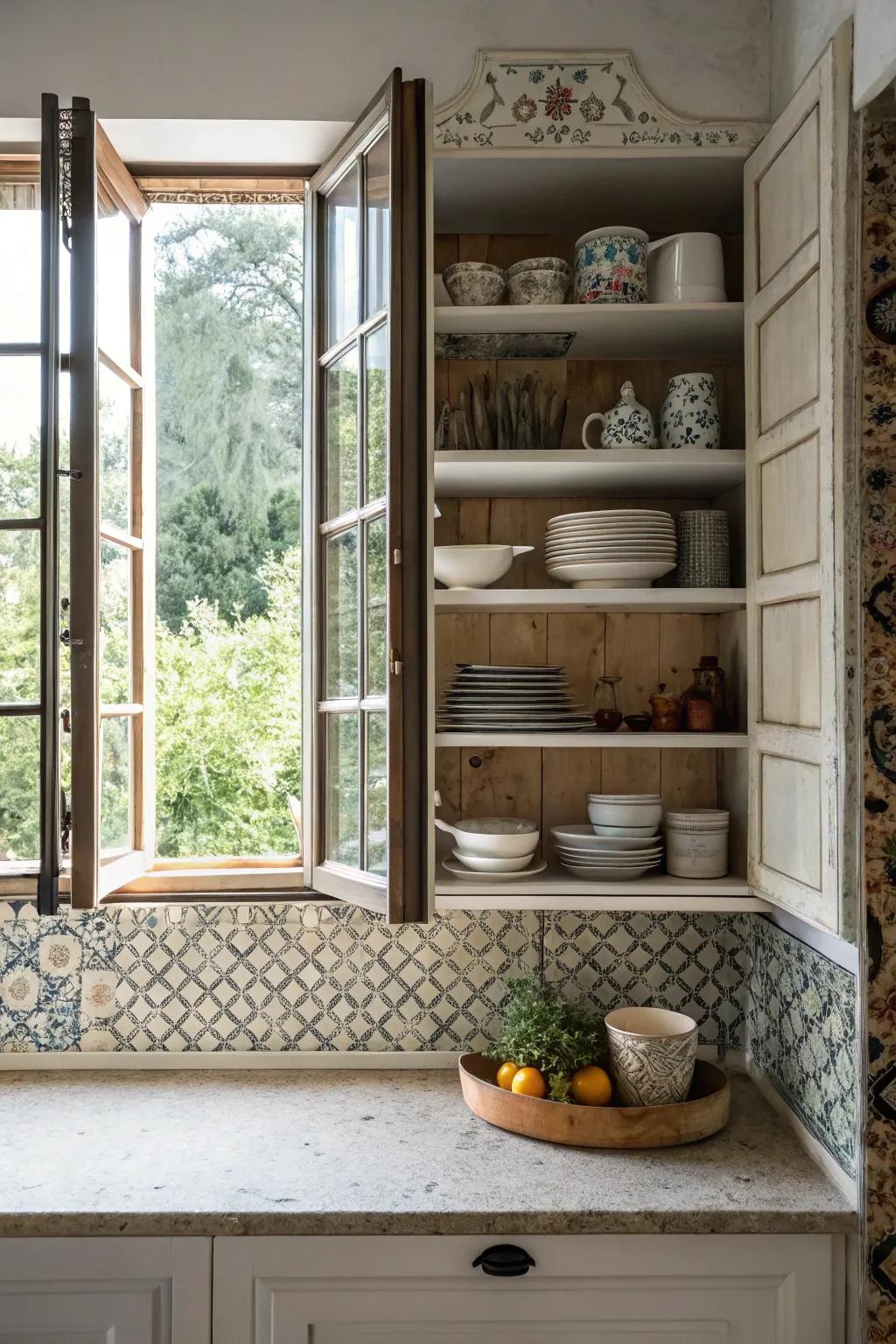 Exposed shelving beautifully complementing a visible tile backsplash around a kitchen window.