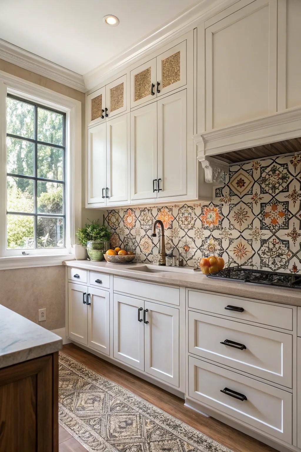 Moorish tiles infuse pattern and profundity into a sleek white kitchen.