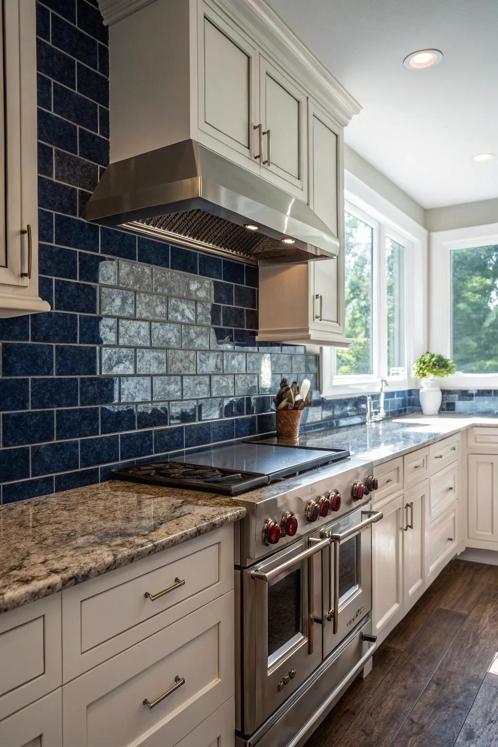 Midnight blue tiles provide a striking contrast to fantasy brown granite.