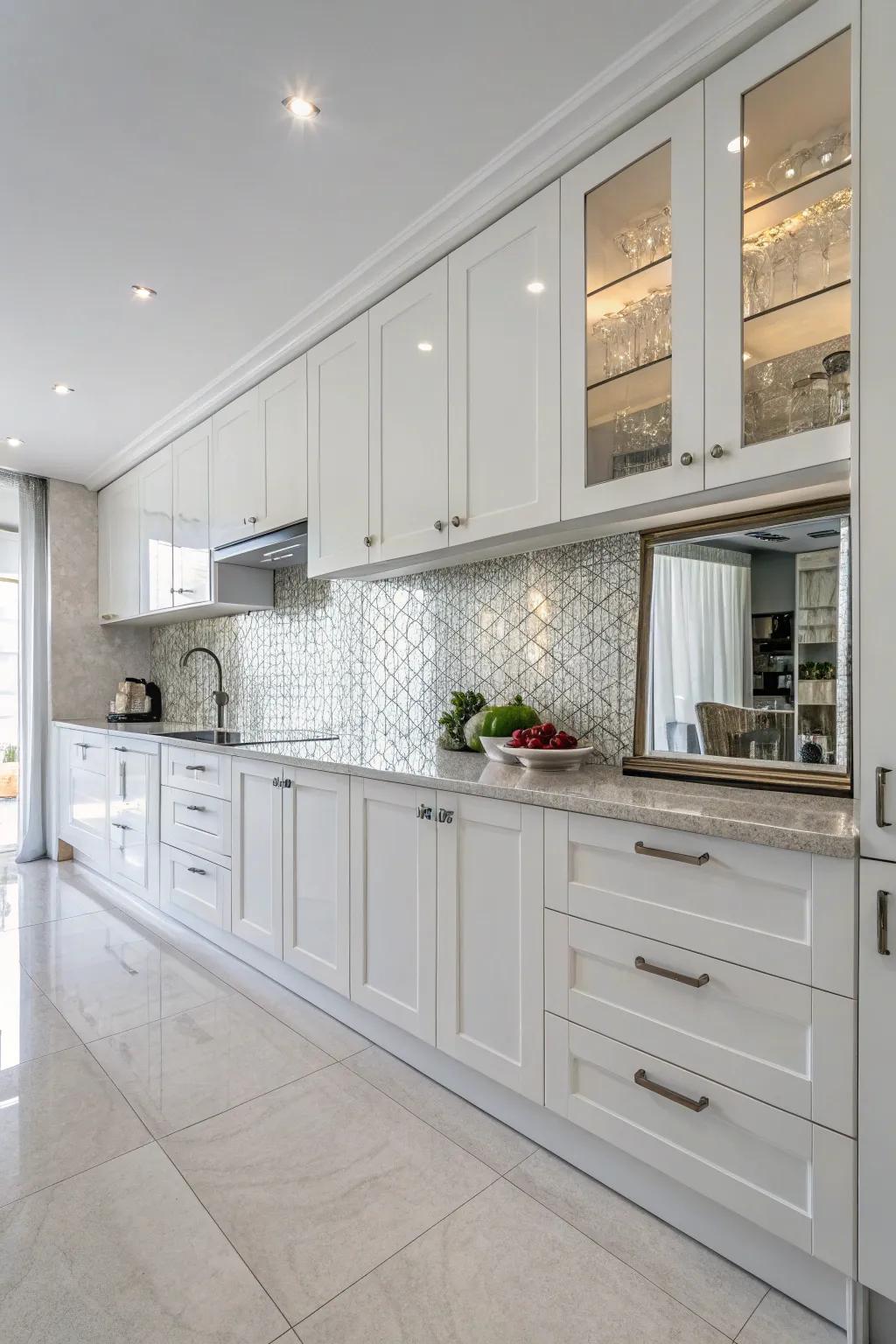 Mirrored tiles enhance light and space.