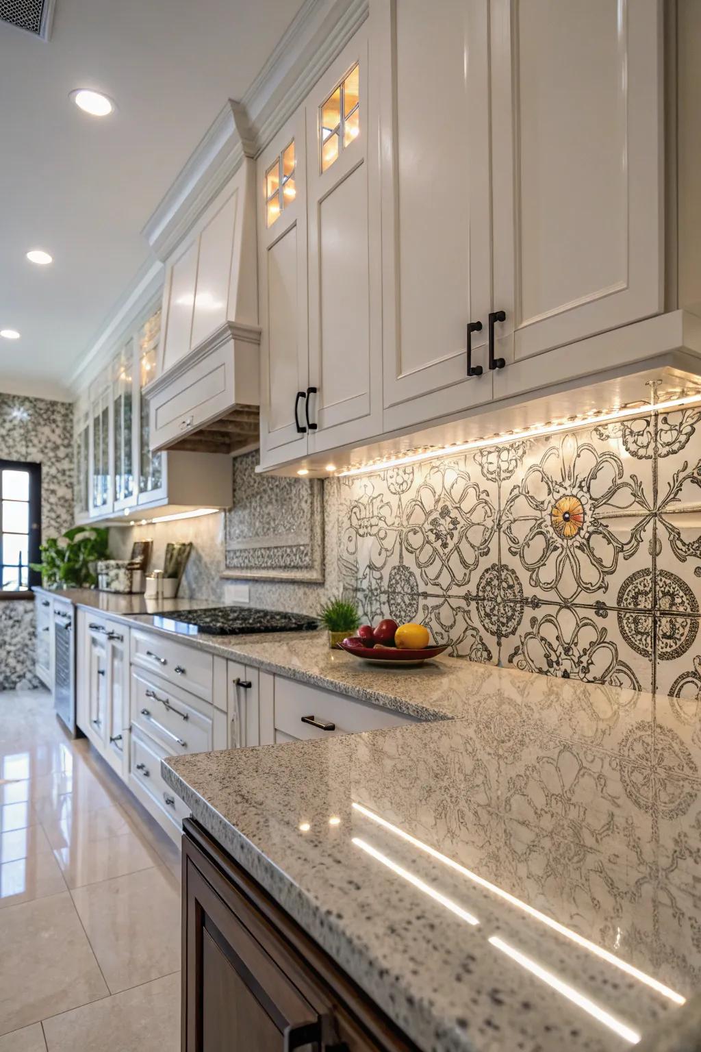 Elaborate patterns give granite worktops an air of sophistication.