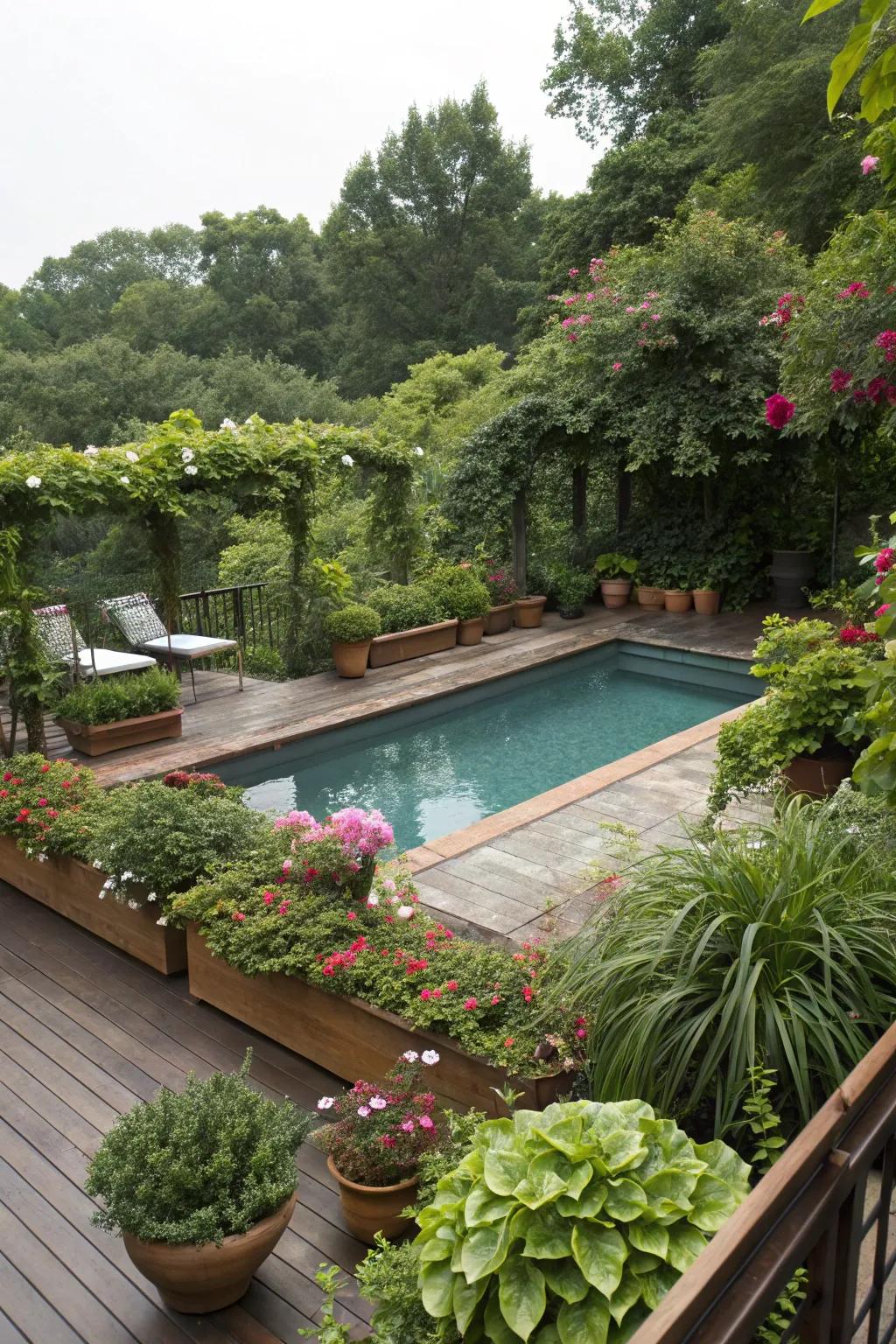 Greenery alters your pool vicinity into a tropical wonderland.