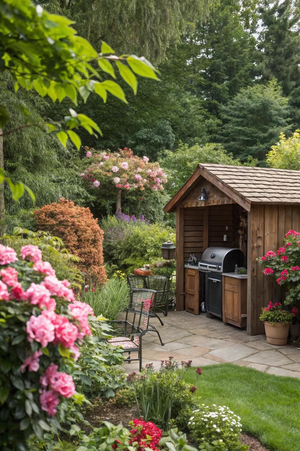 A peaceful secret garden featuring a grilling station.
