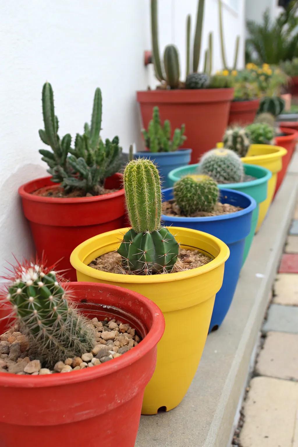 Personalize your cactus garden with decorative and colorful pots.