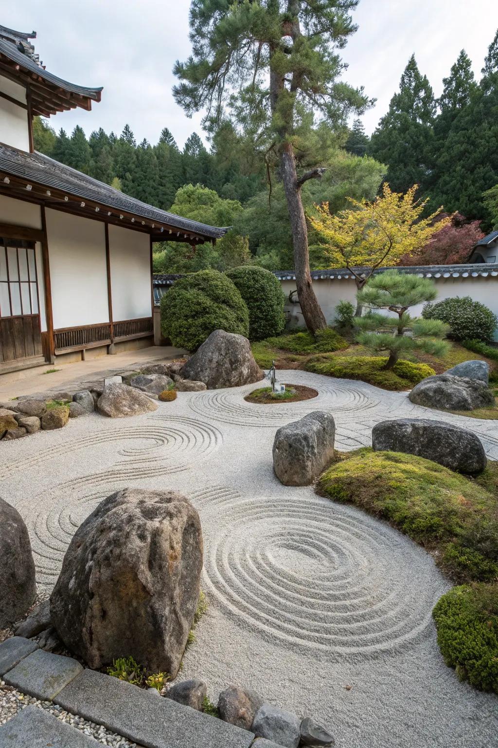 Find peace in a Zen garden featuring crushed rock and tranquil design elements.