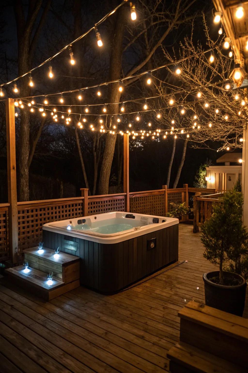 Careful lighting introduces a cozy glow to your hot tub space.