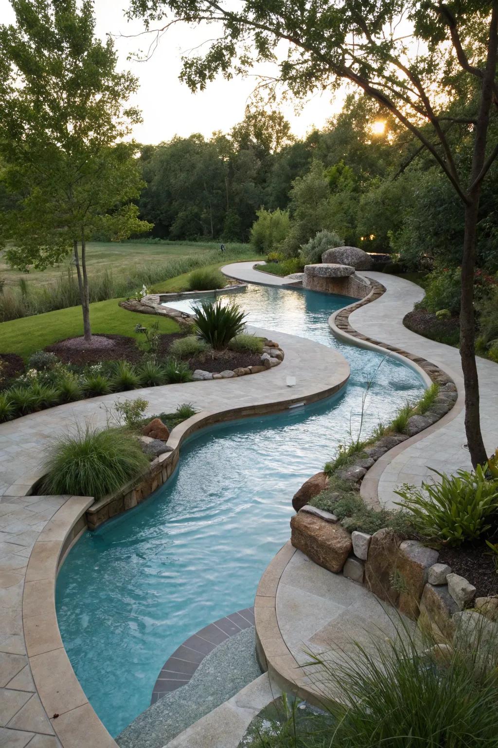 A uniquely shaped lazy river pool that copies nature's curves.