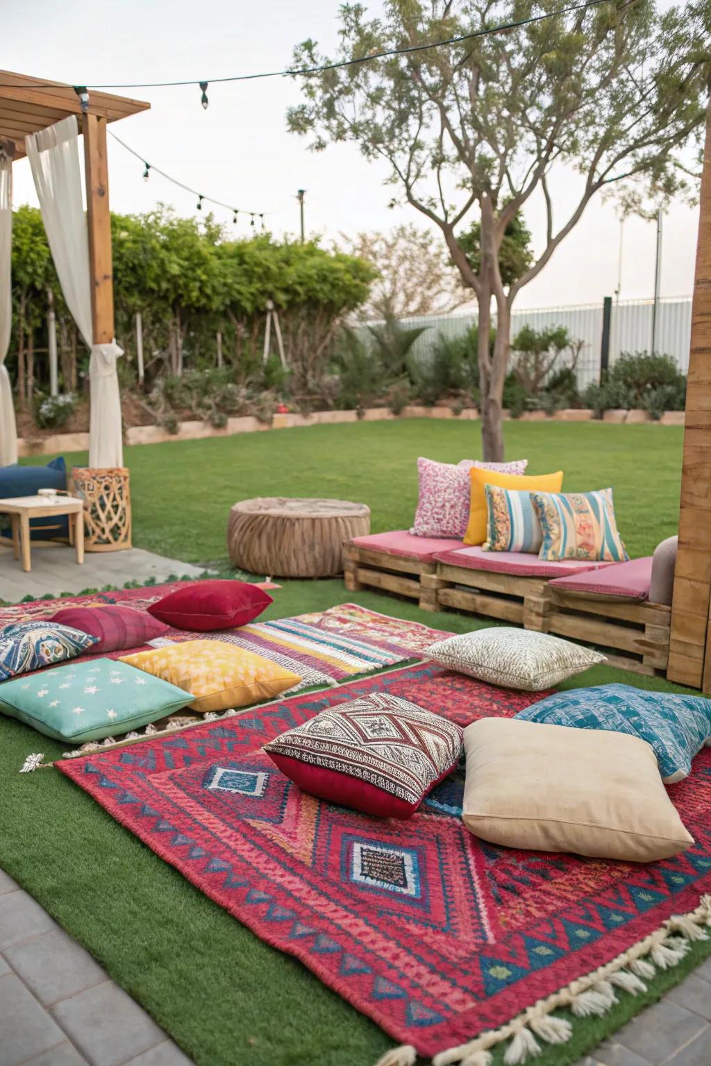 Vibrant floor coverings and cushions add warmth and style.