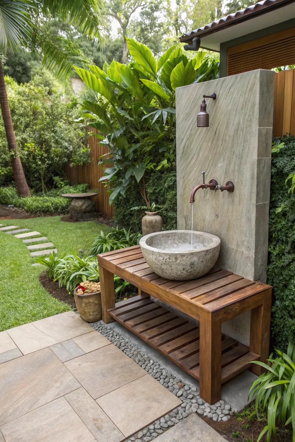 Transform your backyard into a serene oasis with this rustic dog washing station, perfectly balanced with nature's elegance.